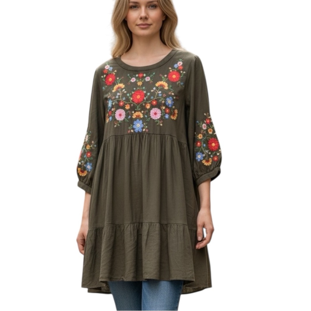 Savanna Jane Olive Green Floral Embroidered Tiered Tunic - Large